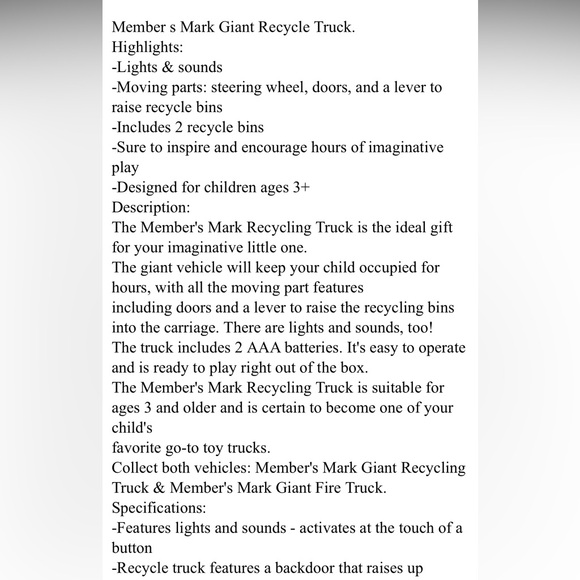 MEMBERS MARK GIANT RECYCLING TRUCK - Picture 11 of 16
